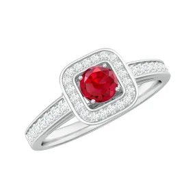 1 CT Vintage Style Created Ruby Halo Engagement Ring with Diamond