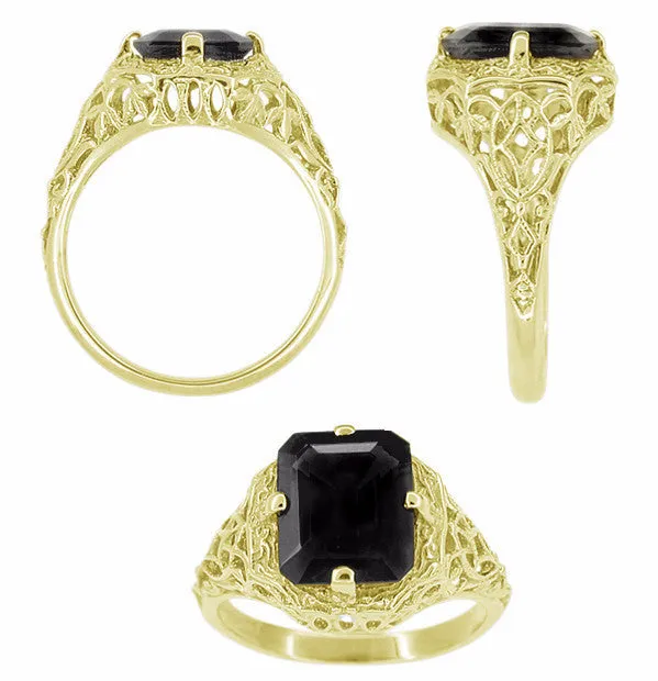 14 Karat Yellow Gold Art Deco Filigree Emerald Cut Black Onyx Ring