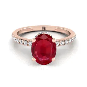 14K Rose Gold Oval Ruby Secret Diamond Halo French Pave Solitaire Engagement Ring -1/3ctw