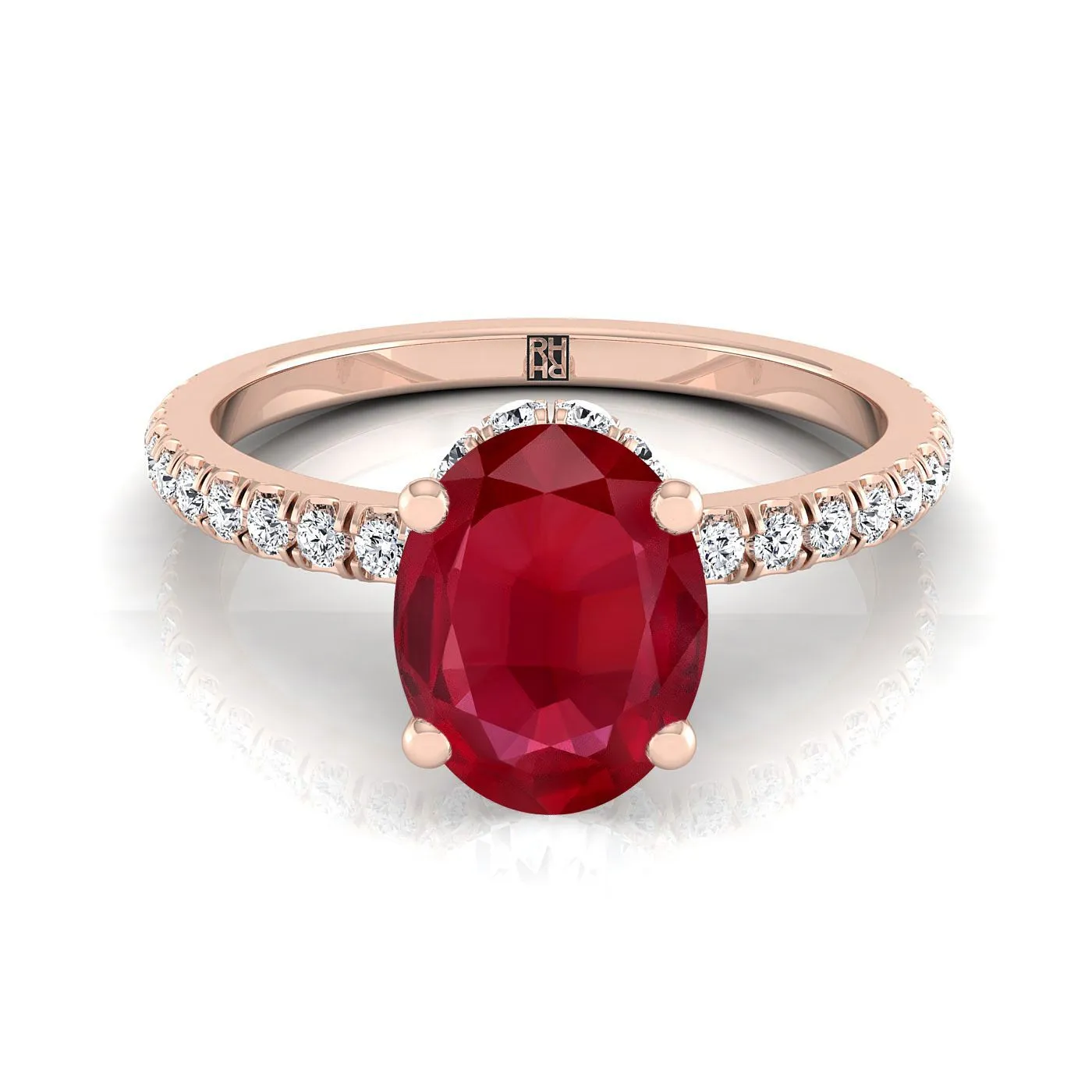 14K Rose Gold Oval Ruby Secret Diamond Halo French Pave Solitaire Engagement Ring -1/3ctw