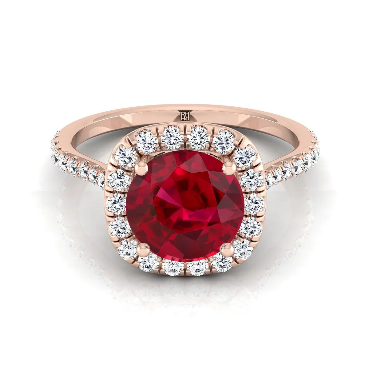 14K Rose Gold Round Brilliant Ruby Shared Prong Diamond Halo Engagement Ring -3/8ctw