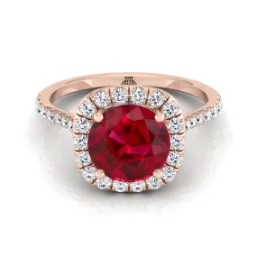14K Rose Gold Round Brilliant Ruby Shared Prong Diamond Halo Engagement Ring -3/8ctw