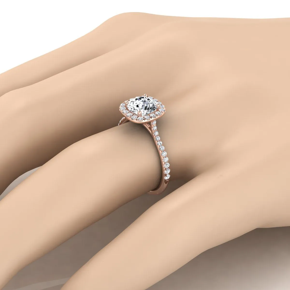 14K Rose Gold Round Brilliant Ruby Shared Prong Diamond Halo Engagement Ring -3/8ctw
