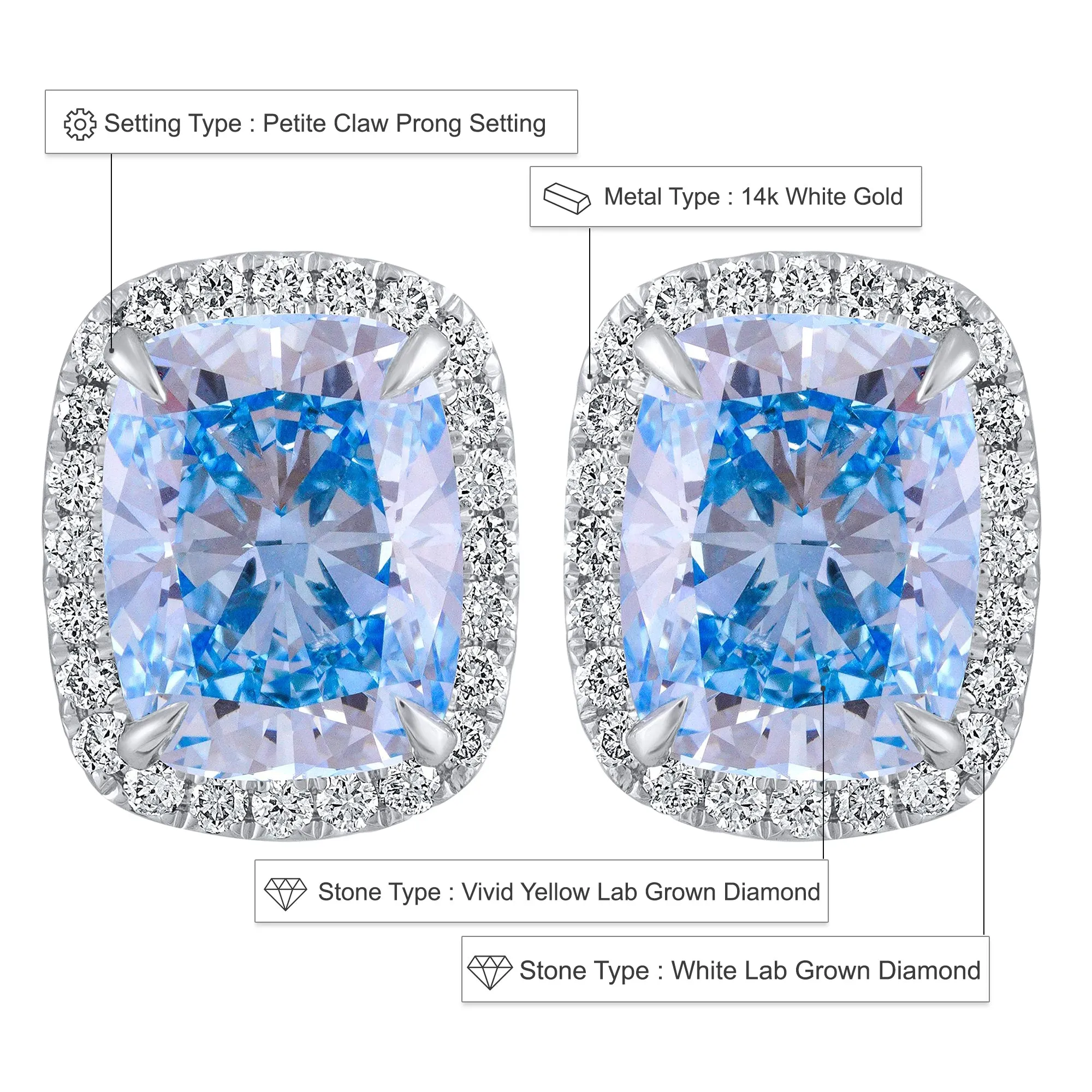 14k White Gold Vivid Blue 5.50 Ct Lab-Grown Diamond Halo Stud Earrings