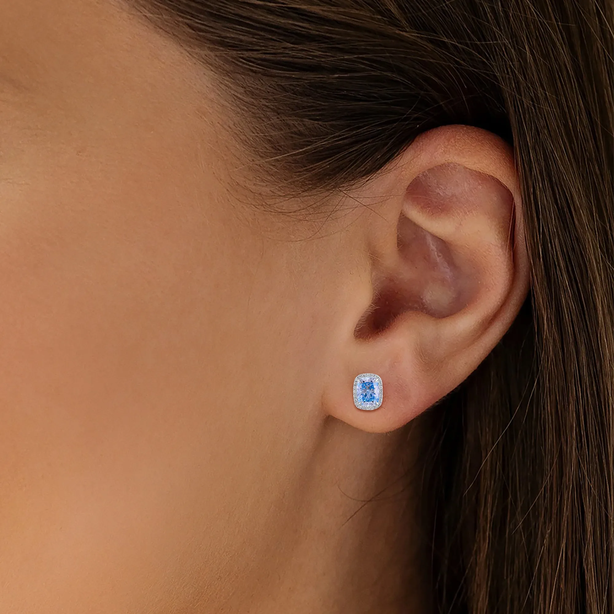 14k White Gold Vivid Blue 5.50 Ct Lab-Grown Diamond Halo Stud Earrings