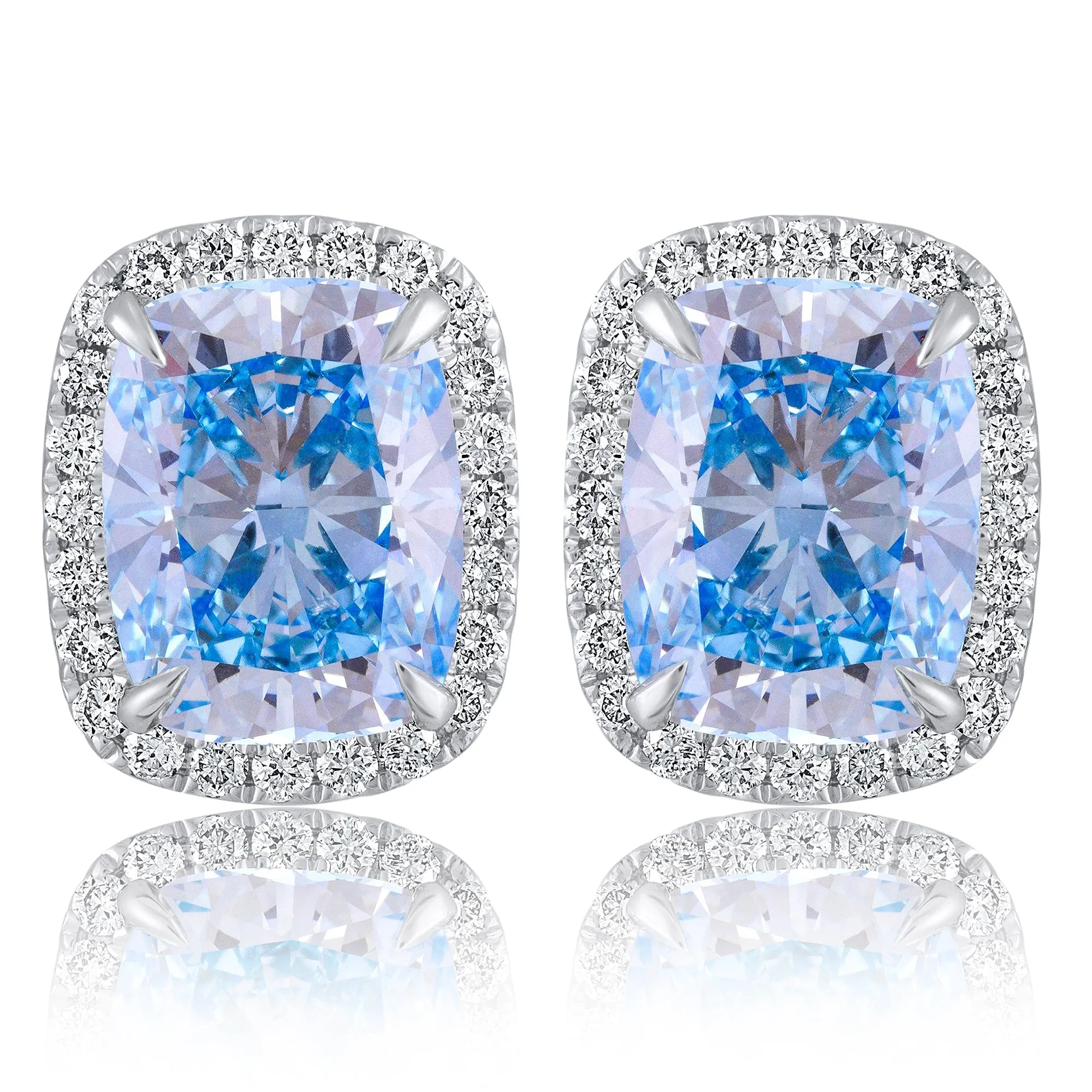 14k White Gold Vivid Blue 5.50 Ct Lab-Grown Diamond Halo Stud Earrings