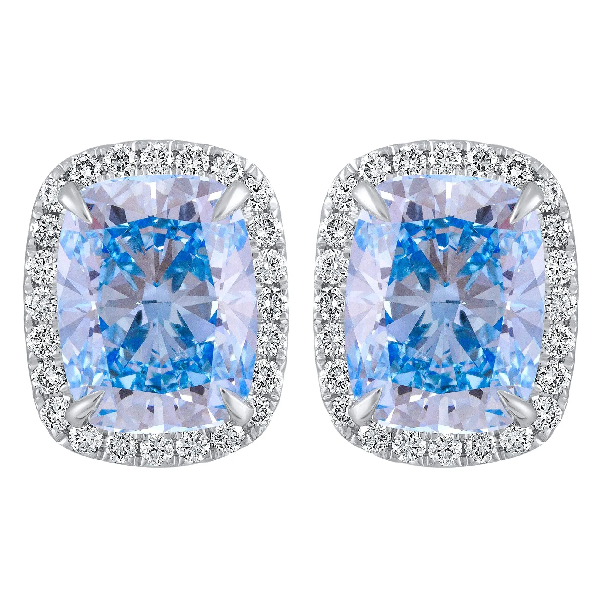 14k White Gold Vivid Blue 5.50 Ct Lab-Grown Diamond Halo Stud Earrings