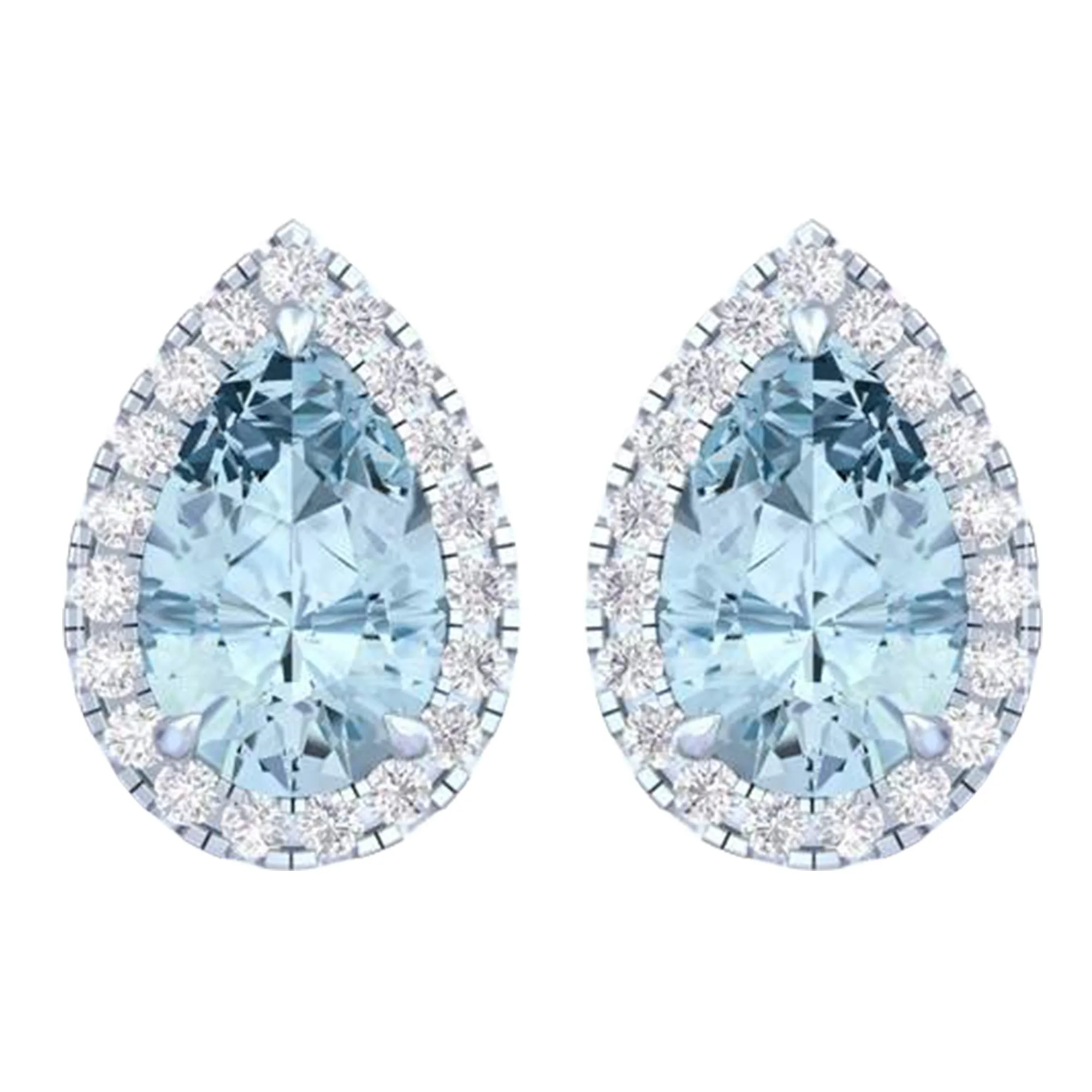 14k White Gold Vivid Blue Pear Cut 4 Ct Lab-Grown Diamond Halo Stud Earrings
