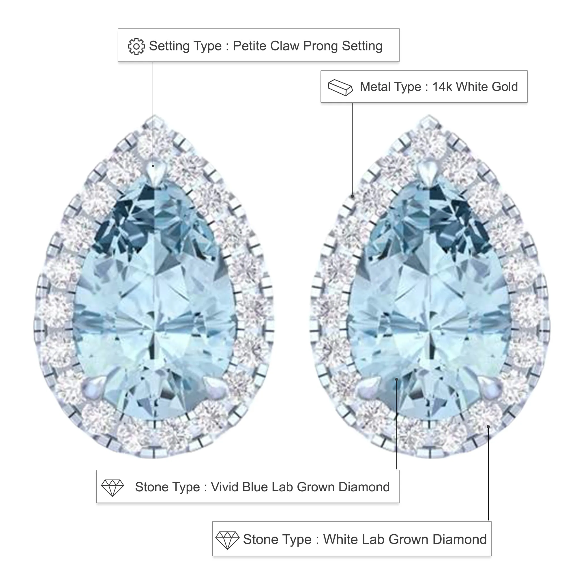 14k White Gold Vivid Blue Pear Cut 4 Ct Lab-Grown Diamond Halo Stud Earrings
