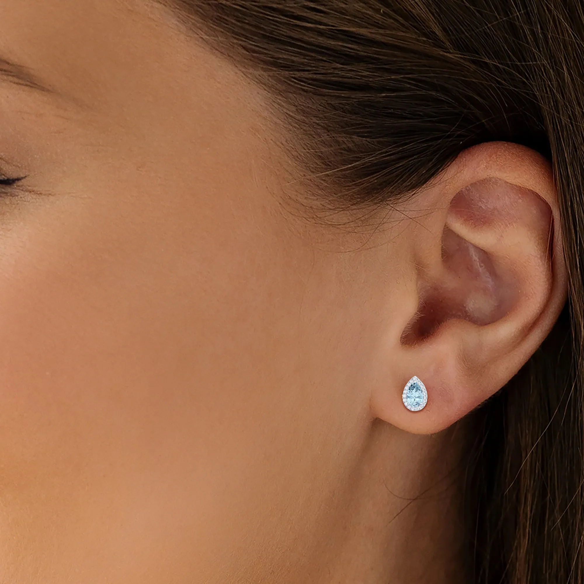 14k White Gold Vivid Blue Pear Cut 4 Ct Lab-Grown Diamond Halo Stud Earrings