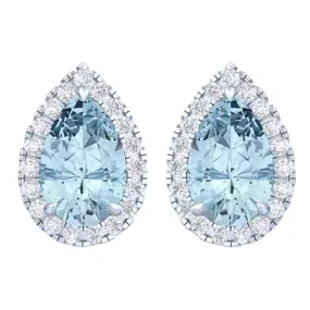 14k White Gold Vivid Blue Pear Cut 4 Ct Lab-Grown Diamond Halo Stud Earrings