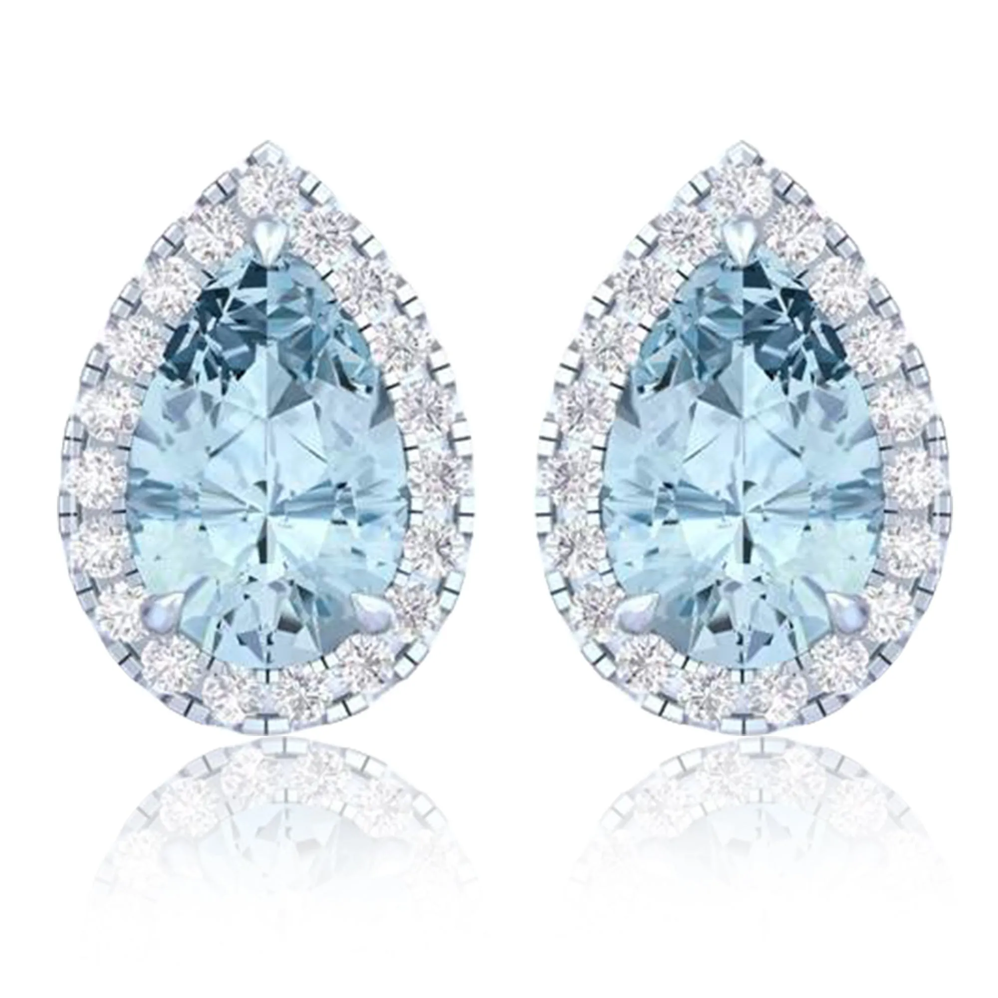 14k White Gold Vivid Blue Pear Cut 4 Ct Lab-Grown Diamond Halo Stud Earrings