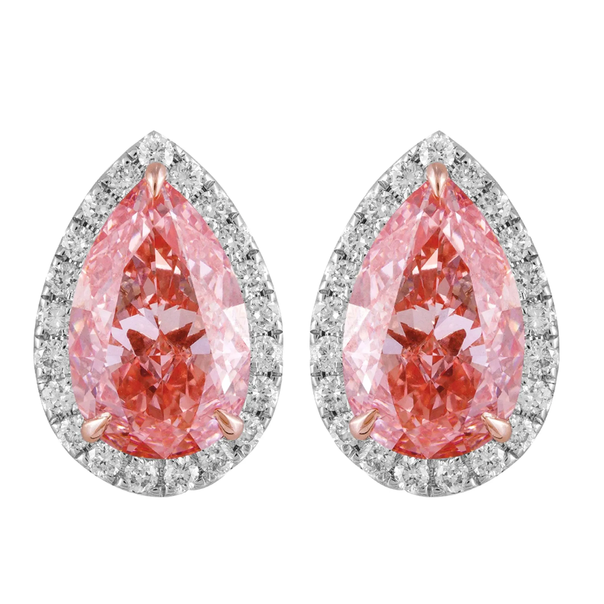 14k White Gold Vivid Pink Pear Cut 4.9 Ct Lab-Grown Diamond Halo Stud Earrings