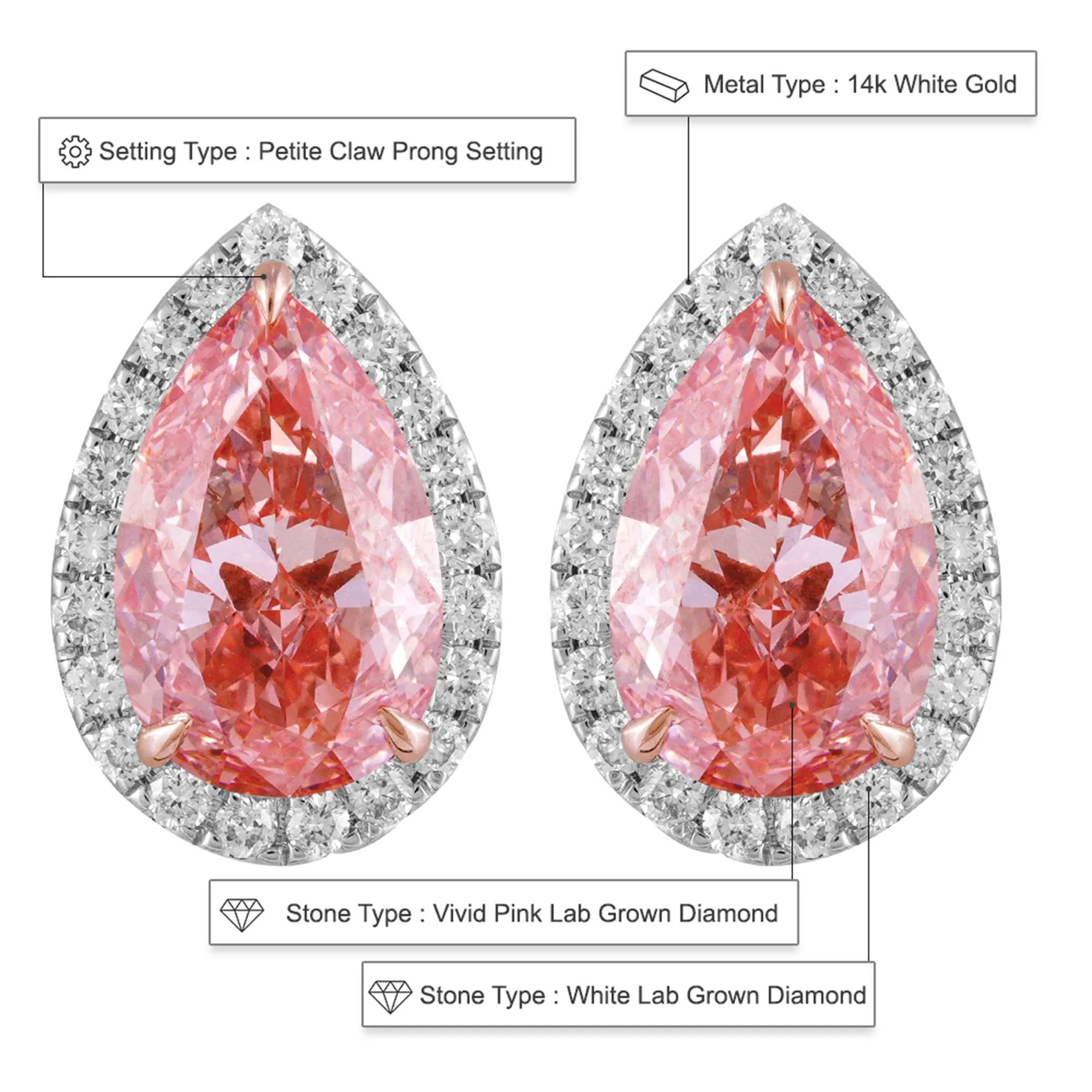 14k White Gold Vivid Pink Pear Cut 4.9 Ct Lab-Grown Diamond Halo Stud Earrings