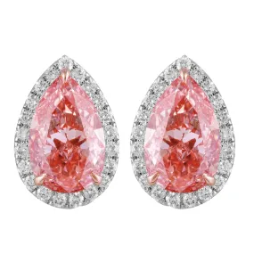 14k White Gold Vivid Pink Pear Cut 4.9 Ct Lab-Grown Diamond Halo Stud Earrings