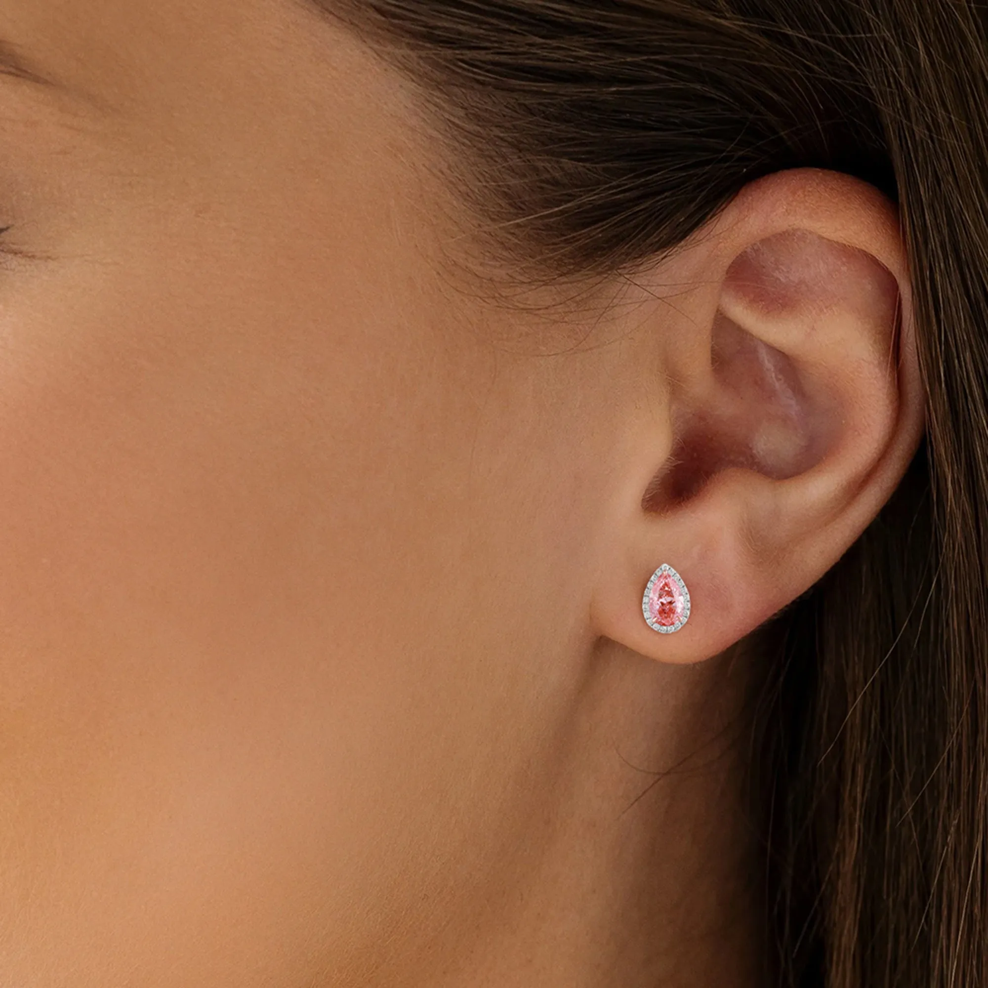 14k White Gold Vivid Pink Pear Cut 4.9 Ct Lab-Grown Diamond Halo Stud Earrings