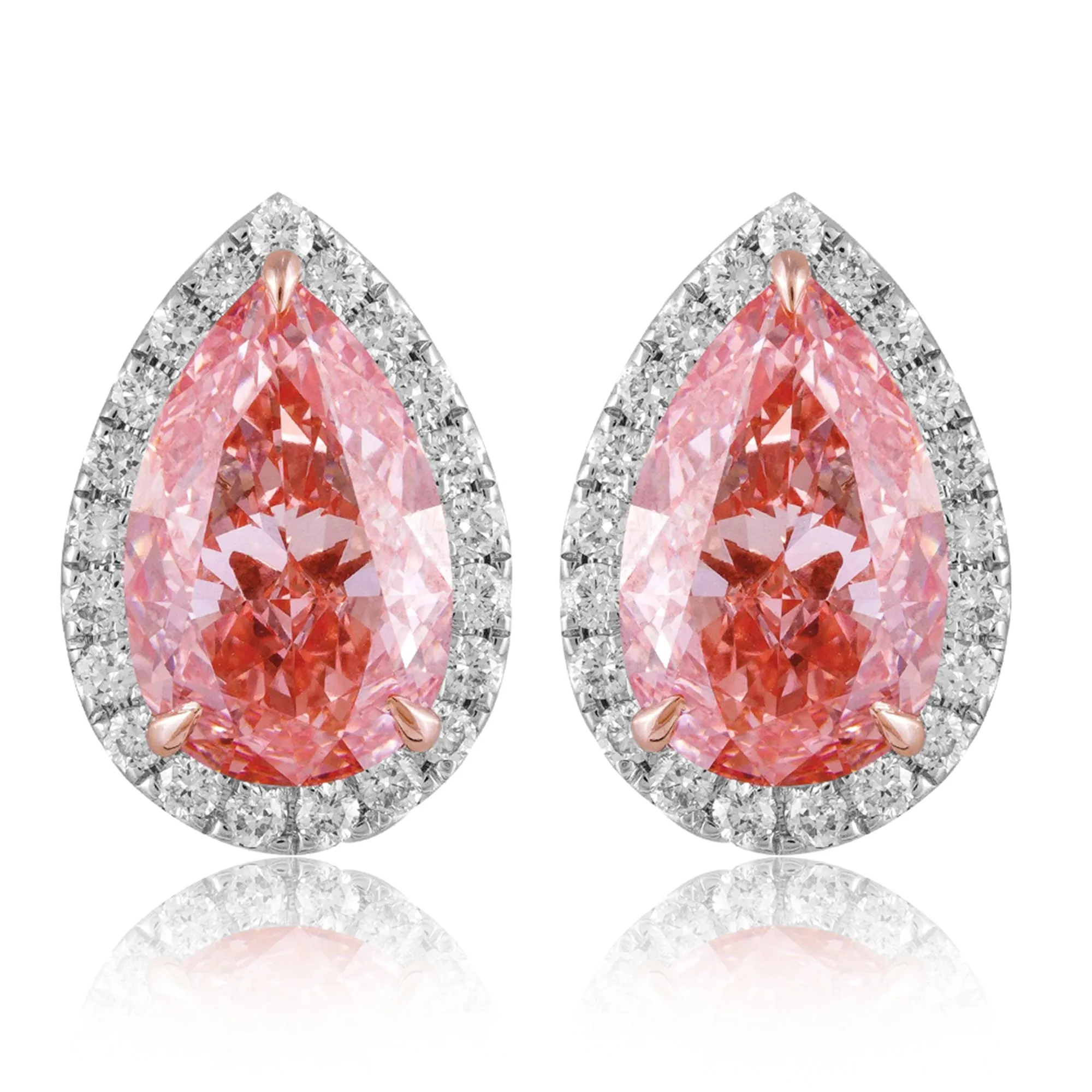 14k White Gold Vivid Pink Pear Cut 4.9 Ct Lab-Grown Diamond Halo Stud Earrings