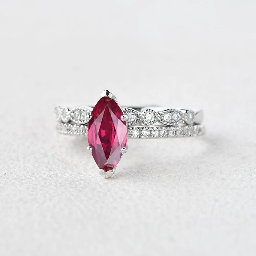 1.5ct Marquise Ruby Pave Vintage Solitaire Ring Set 2pcs