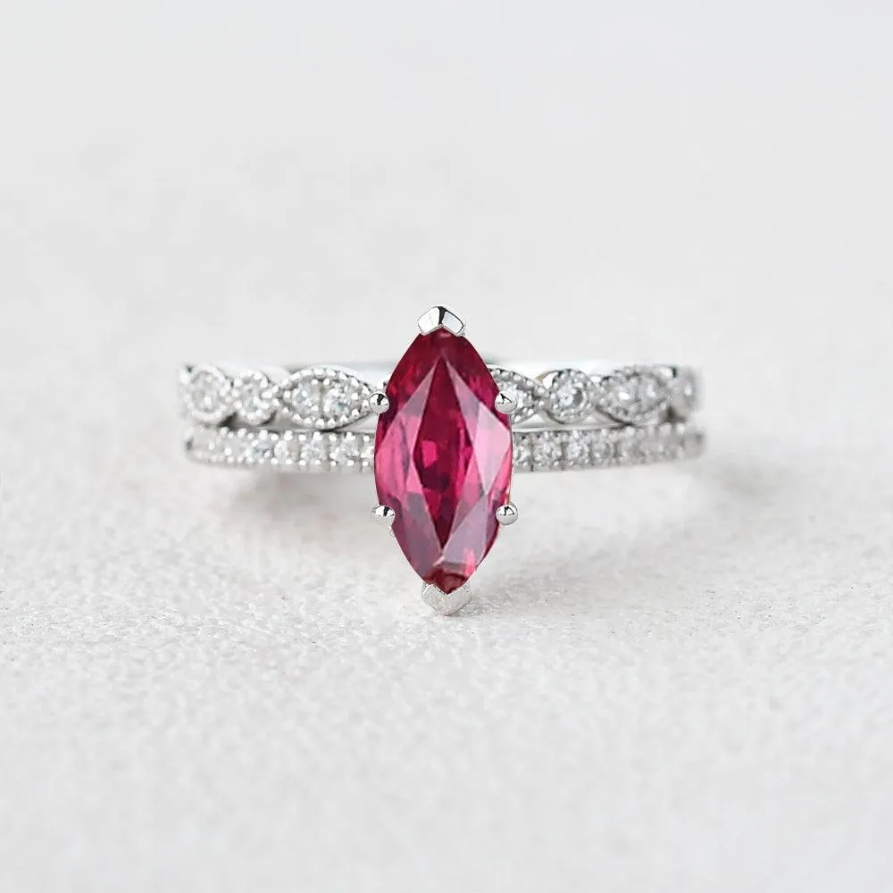 1.5ct Marquise Ruby Pave Vintage Solitaire Ring Set 2pcs