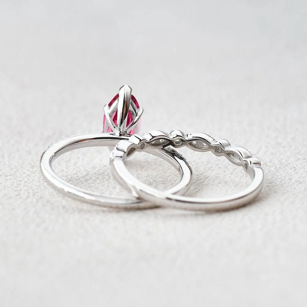 1.5ct Marquise Ruby Pave Vintage Solitaire Ring Set 2pcs