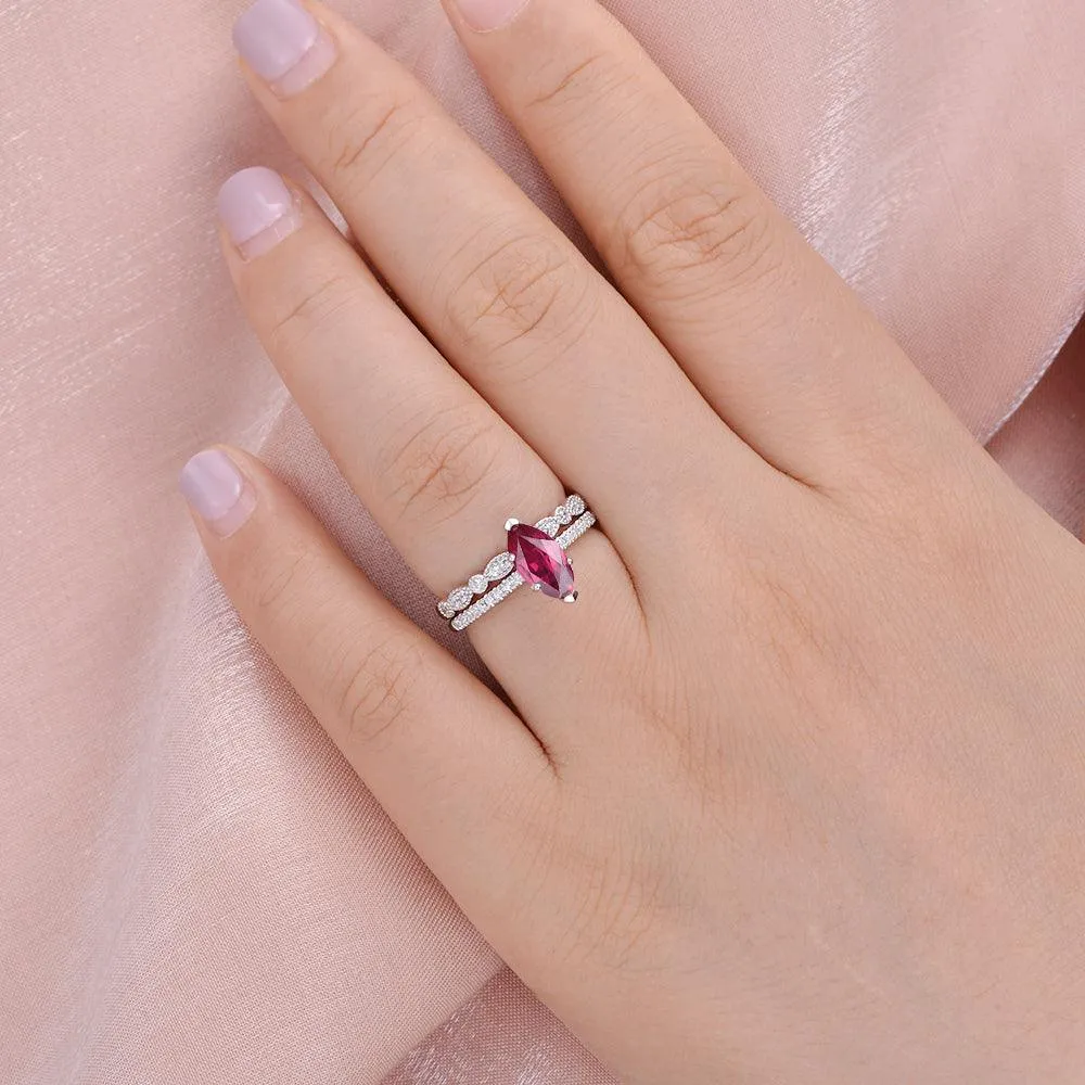 1.5ct Marquise Ruby Pave Vintage Solitaire Ring Set 2pcs