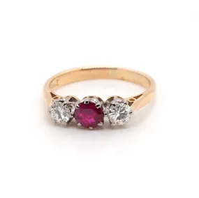 18ct Yellow Gold Ruby and Diamond Three-Stone Ring