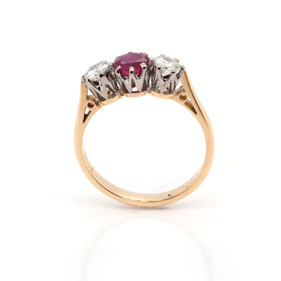 18ct Yellow Gold Ruby and Diamond Three-Stone Ring