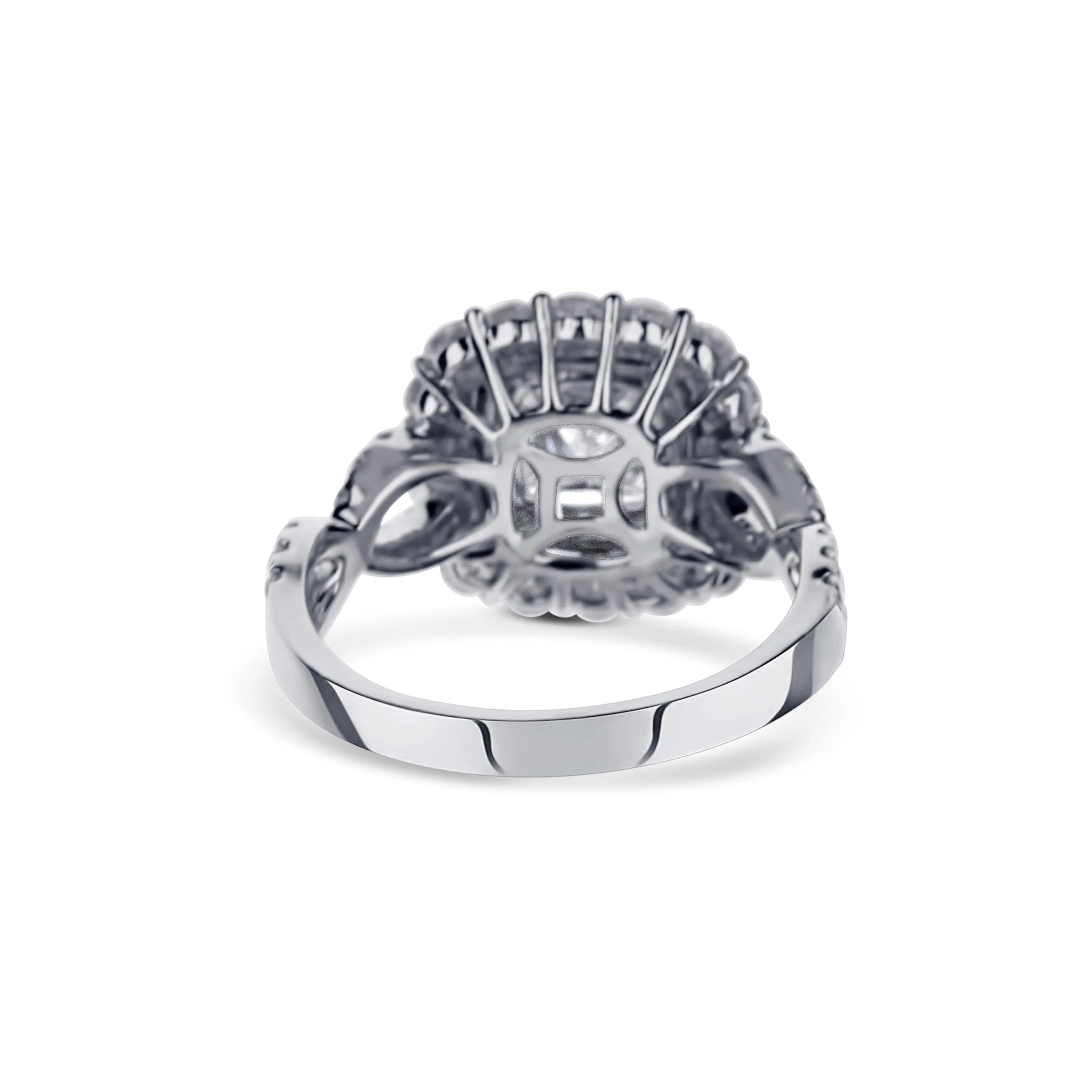 18K White Gold Radiant Cut Diamond Engagement Ring With Twisted Shank And Double Halo