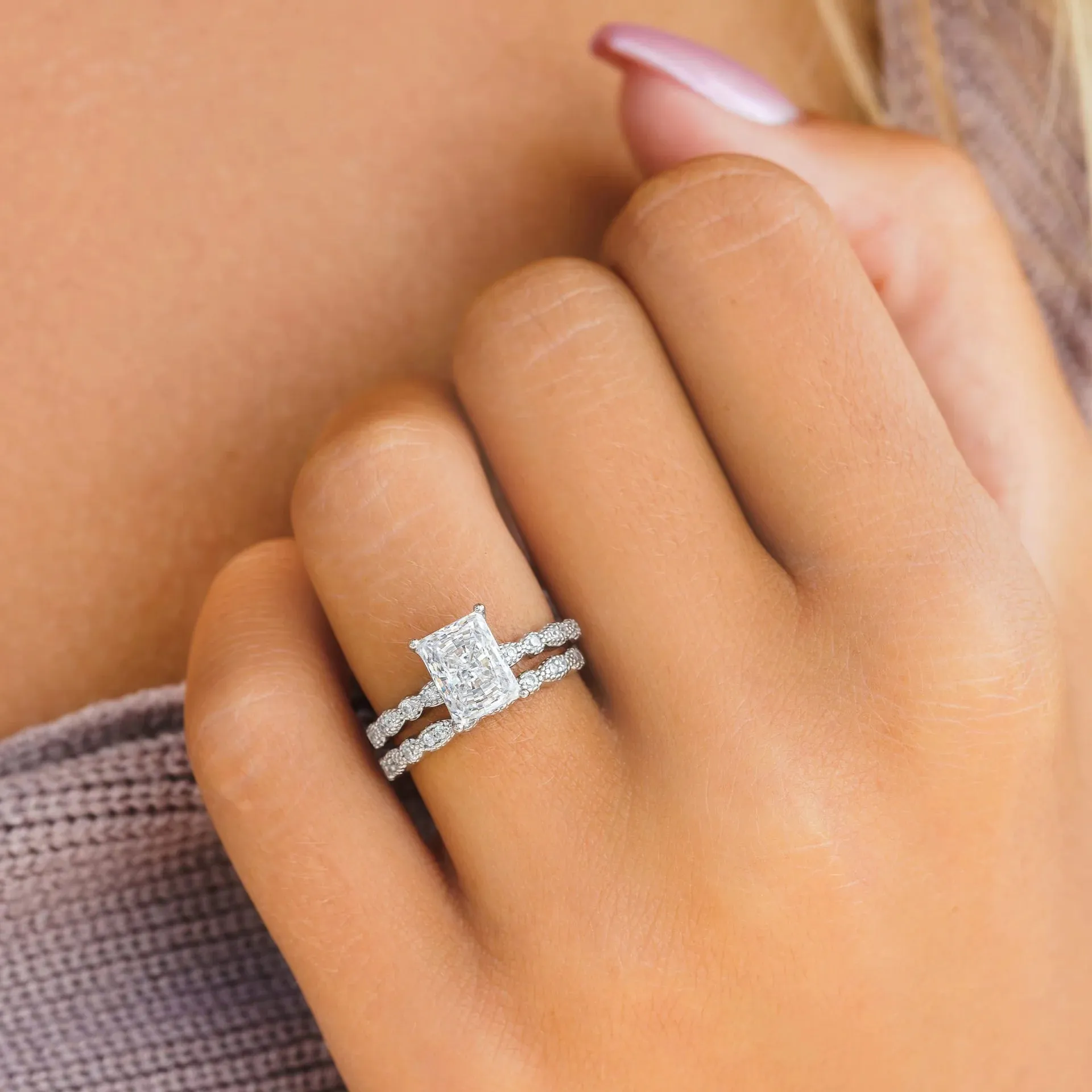 2 Carat Vintage Radiant Cut Bridal Wedding Ring Set