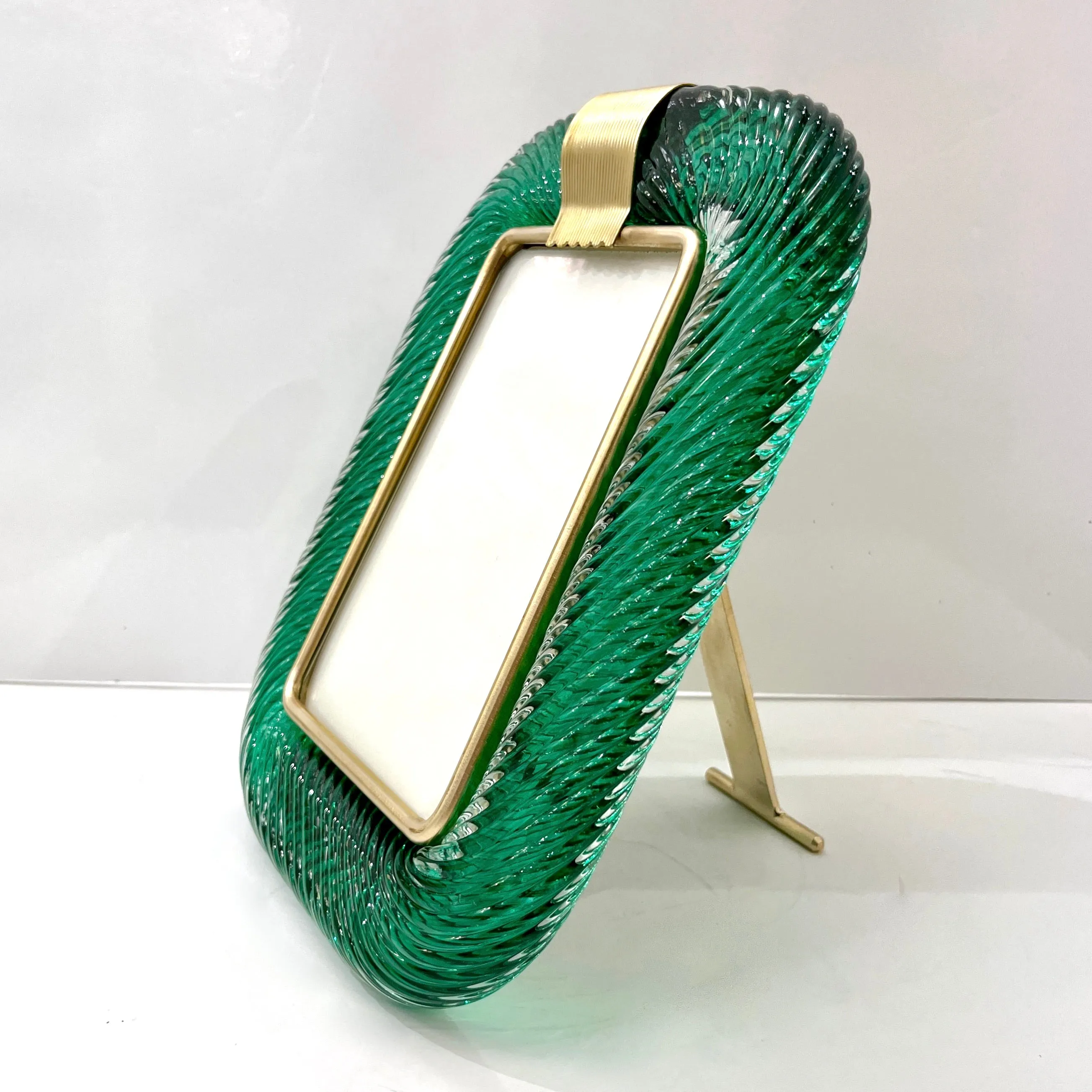 2000s Barovier Toso Italian Dark Hunter Green Murano Glass Brass Picture Frame