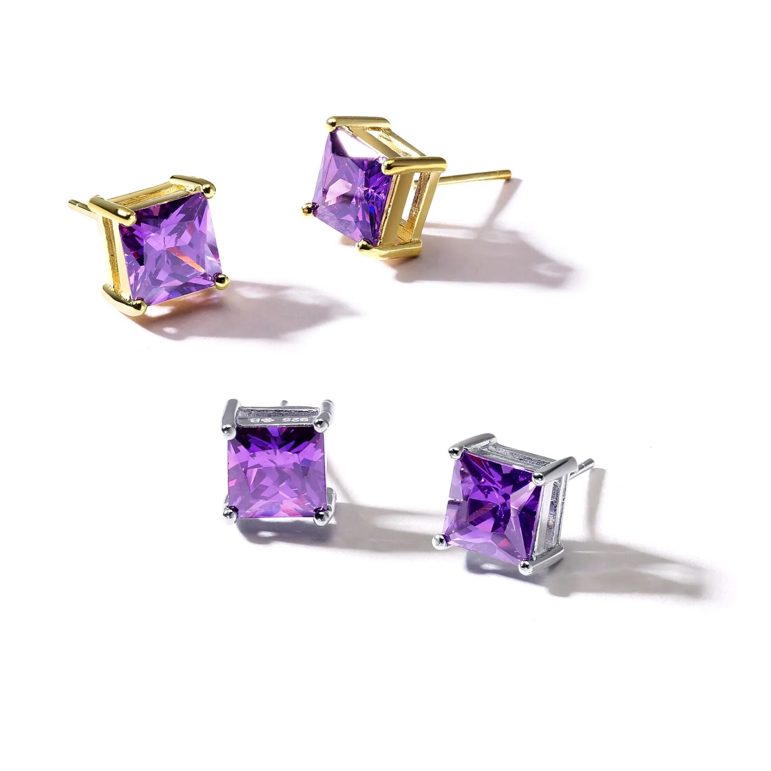 2CT Princess Cut CZ Stud Earrings 14K Gold Sterling Silver 7MM Birth Colors