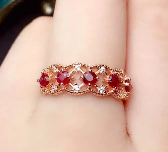3mm Natural Ruby Rose Gold Inlaid 925 Sterling Ring