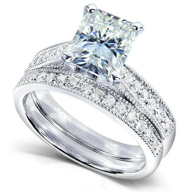 8x6 mm Radiant (1.75ct) Milgrain Pave Bridal Set
