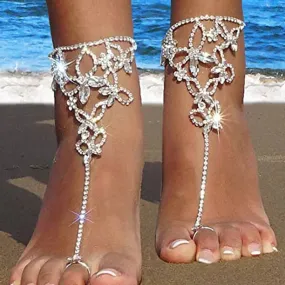 Adjustable Butterfly Barefoot Sandals with Cubic Zirconia Gemstones - Boho & Hippie Style