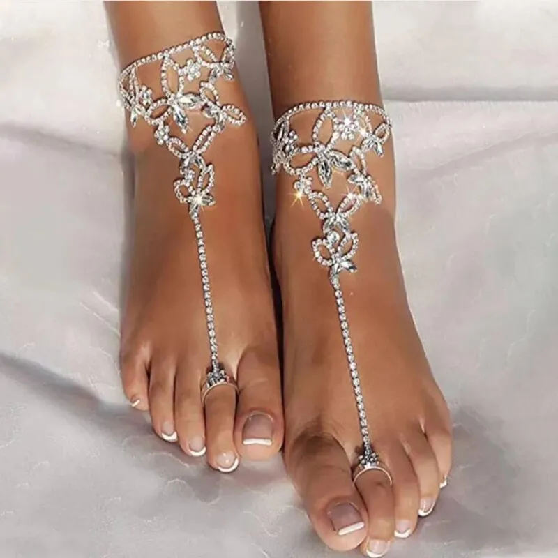 Adjustable Butterfly Barefoot Sandals with Cubic Zirconia Gemstones - Boho & Hippie Style