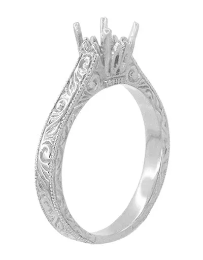 Art Deco 3/4 Carat Crown Scrolls Filigree Engagement Ring Setting in Platinum