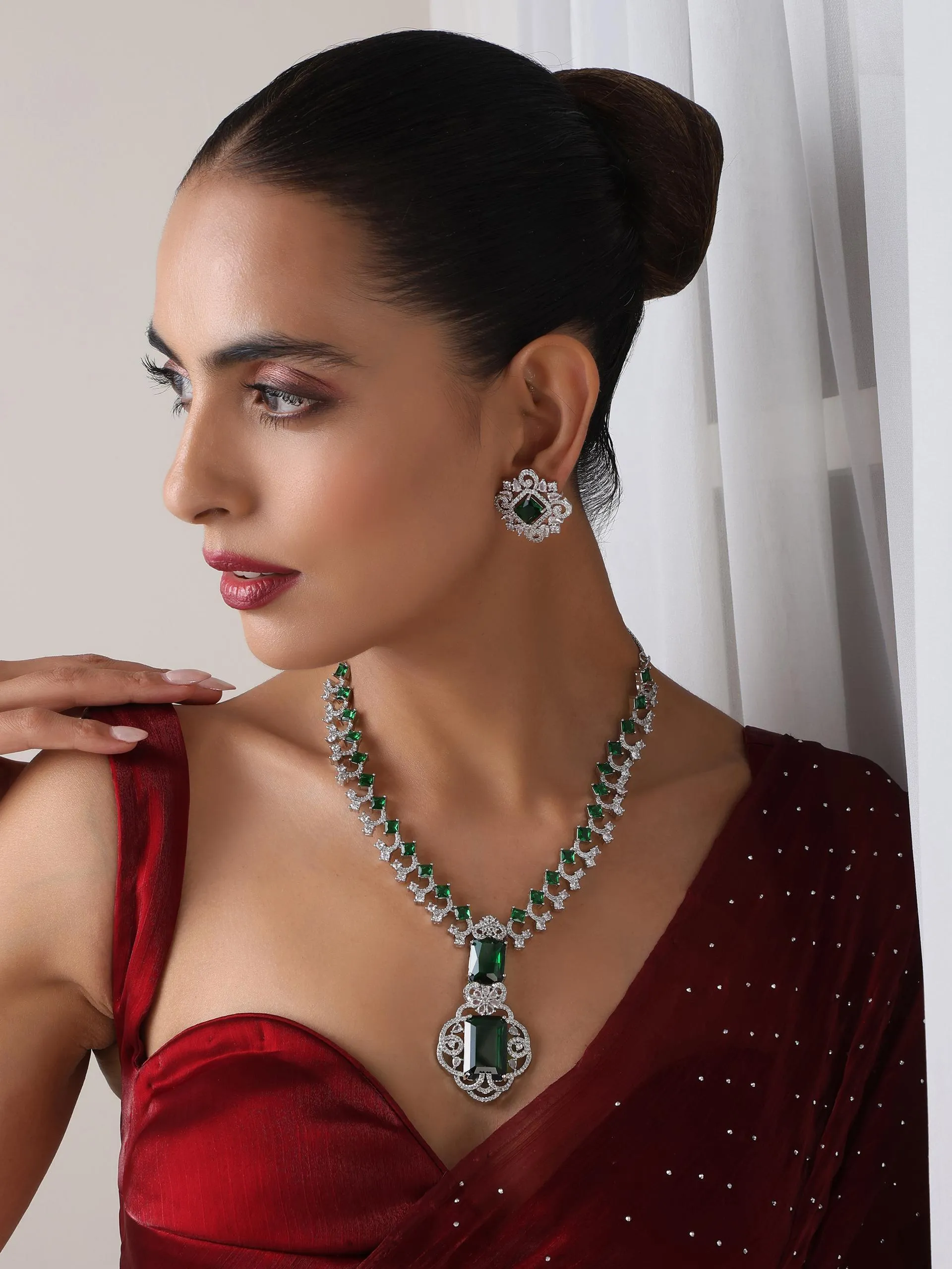 Big Emerald Diamond Necklace with Stud Earring