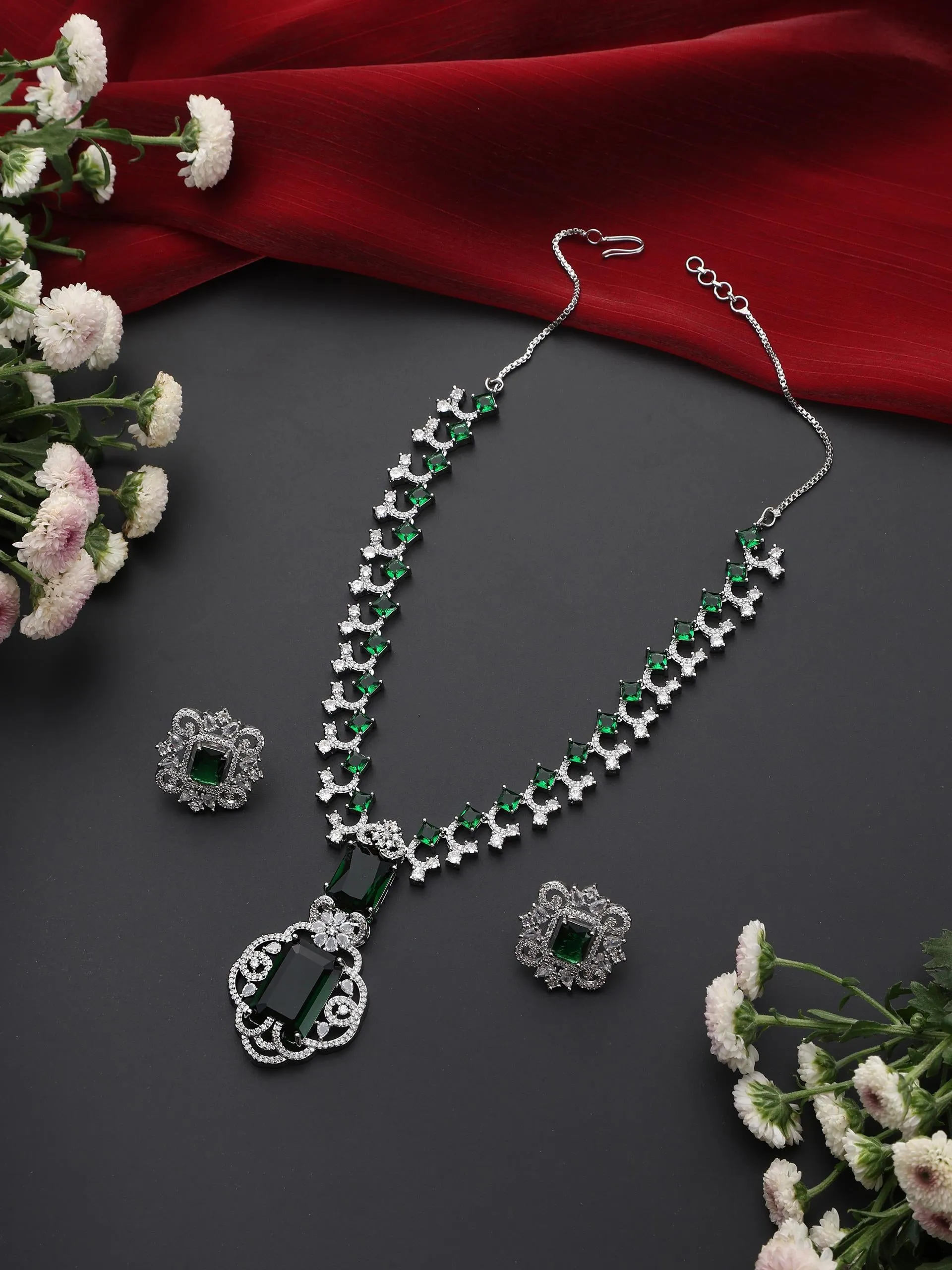 Big Emerald Diamond Necklace with Stud Earring