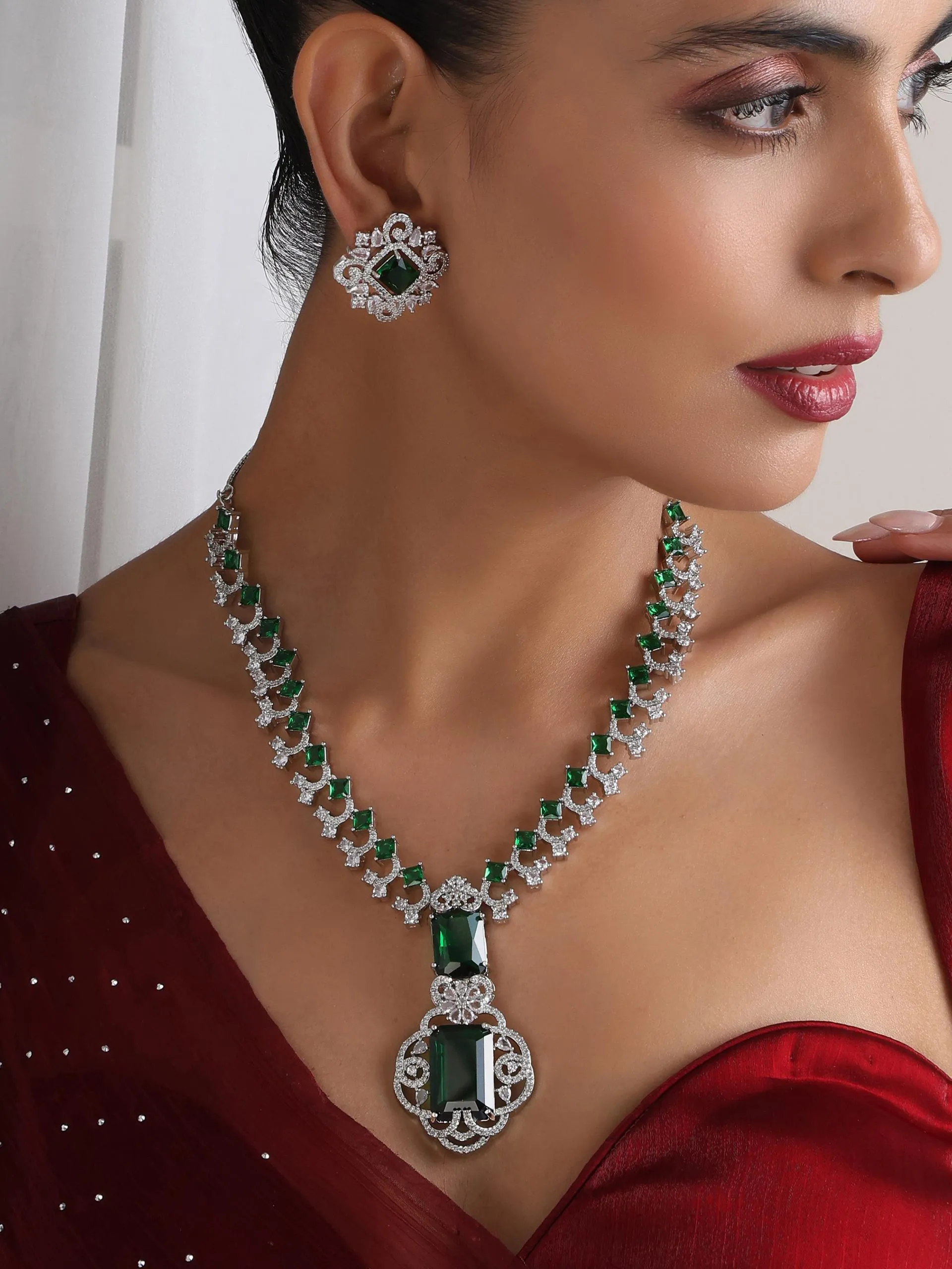 Big Emerald Diamond Necklace with Stud Earring