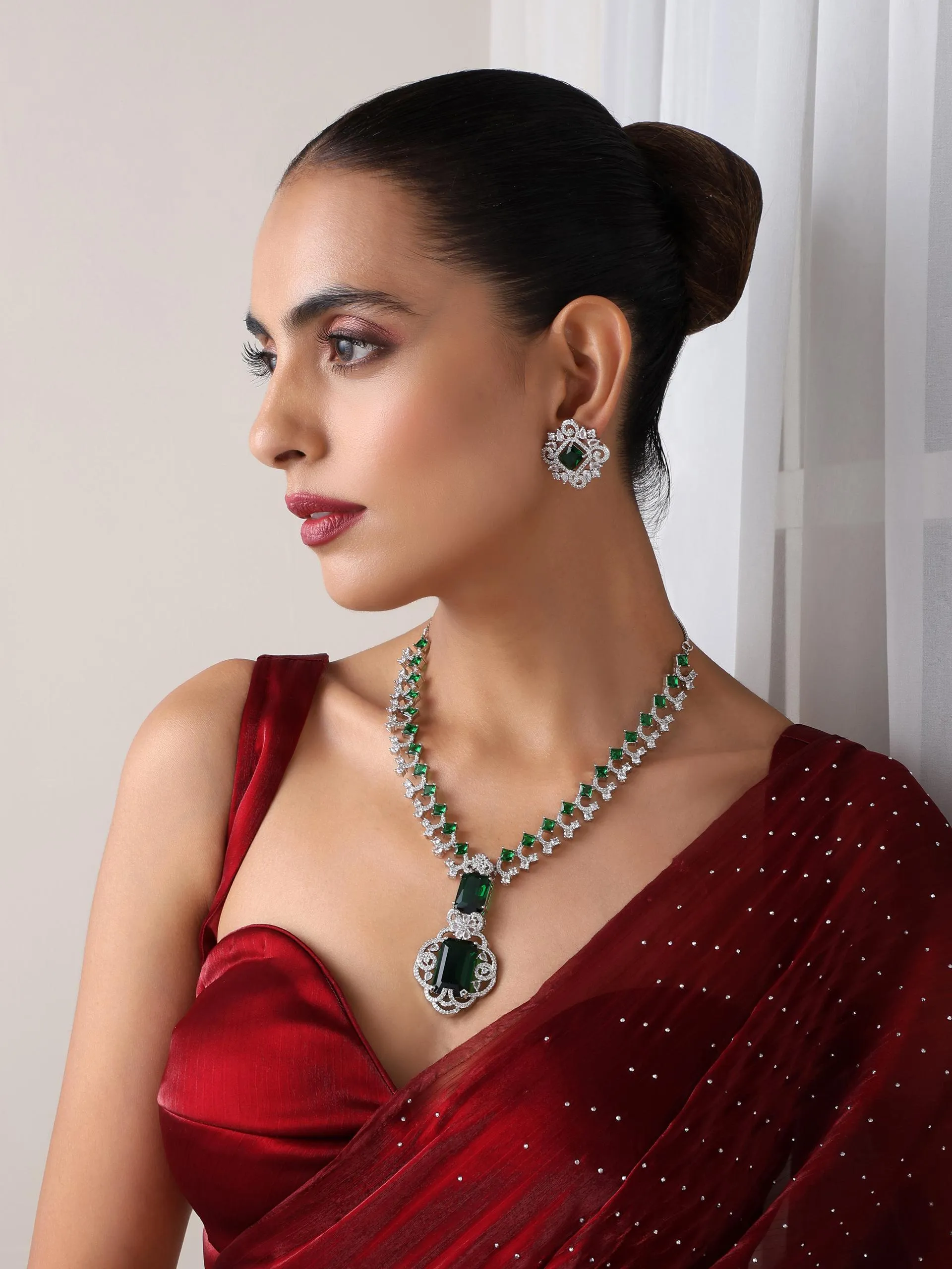 Big Emerald Diamond Necklace with Stud Earring