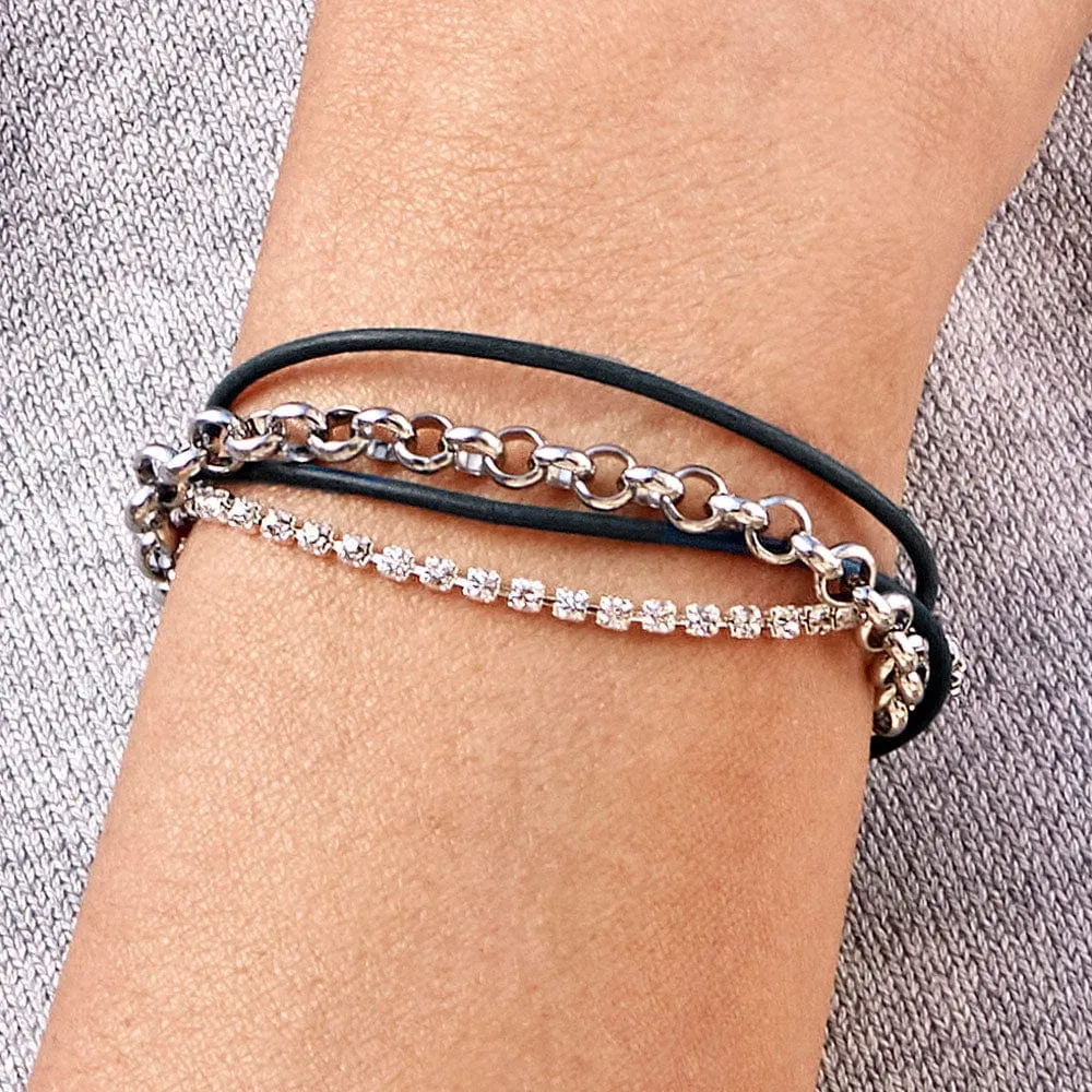 Black Leather Bracelet w Rhinestone Chain the Cassidy