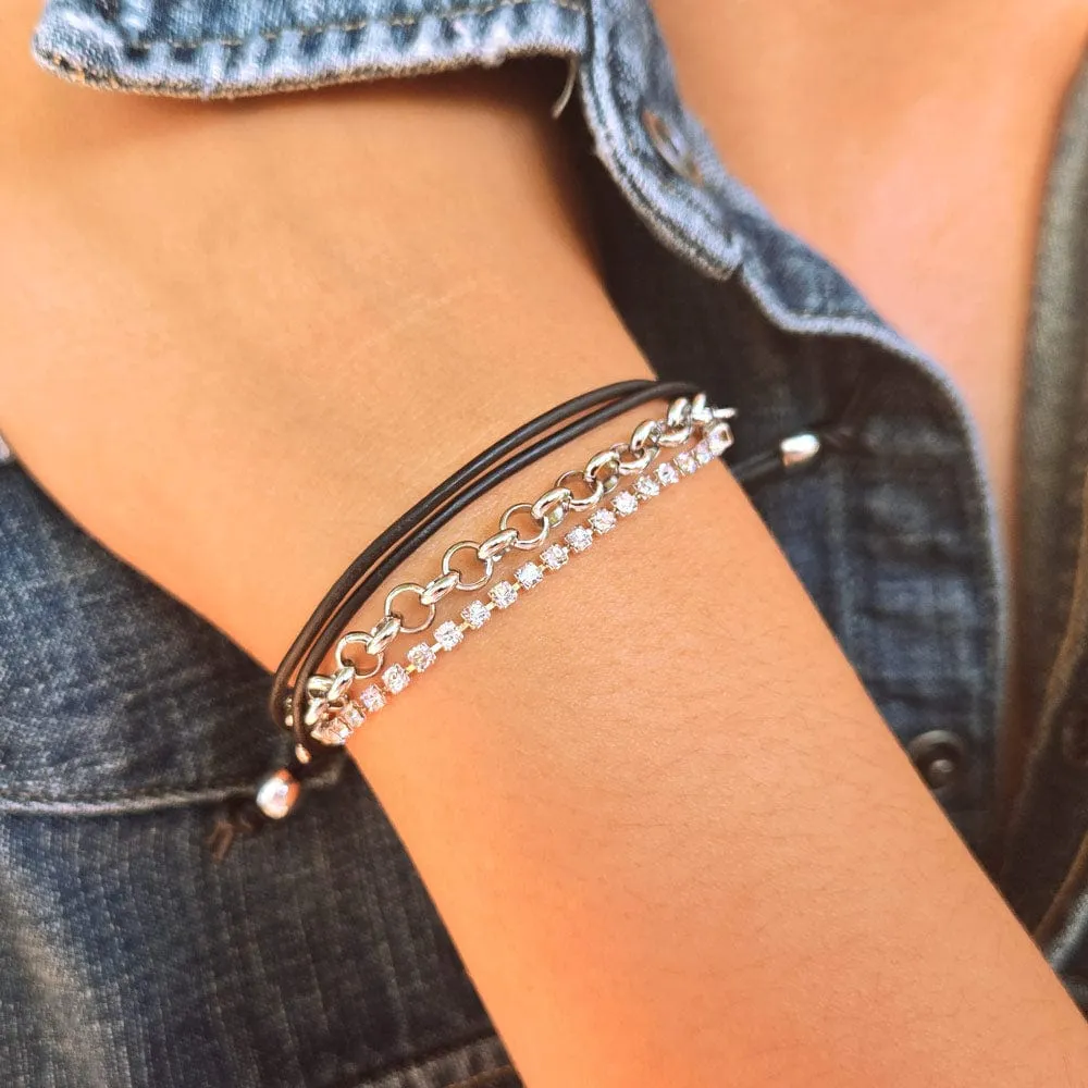 Black Leather Bracelet w Rhinestone Chain the Cassidy