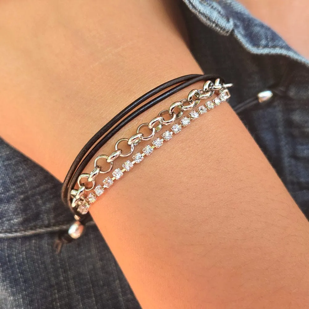 Black Leather Bracelet w Rhinestone Chain the Cassidy