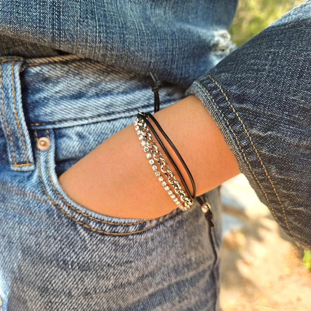 Black Leather Bracelet w Rhinestone Chain the Cassidy