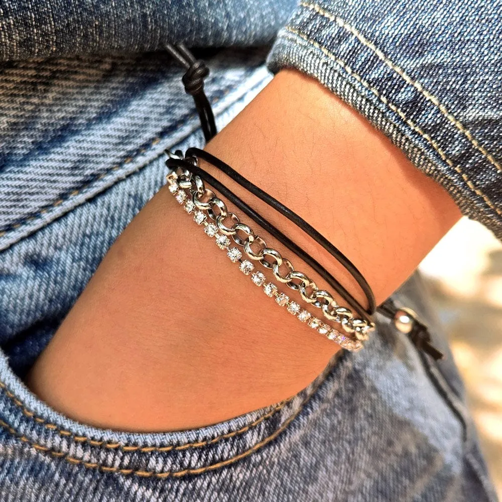 Black Leather Bracelet w Rhinestone Chain the Cassidy