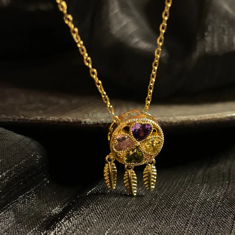 Boho Dreamcatcher Pendant Necklace with Multicolor Gemstones and Feather Charms-jltn0578