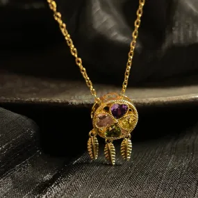 Boho Dreamcatcher Pendant Necklace with Multicolor Gemstones and Feather Charms-jltn0578