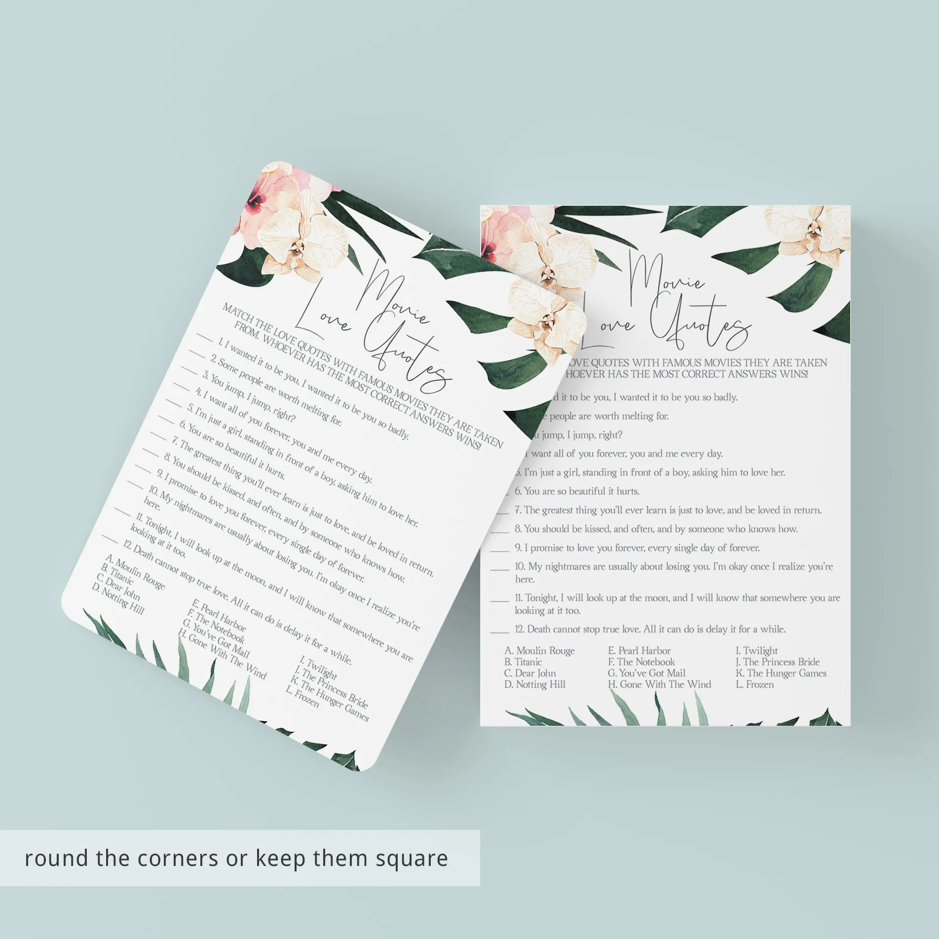 Bridal Shower Romantic Movie Quiz Printable