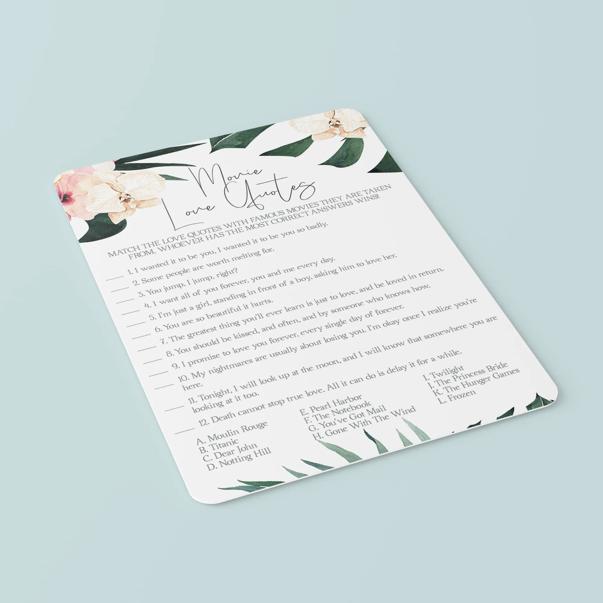 Bridal Shower Romantic Movie Quiz Printable