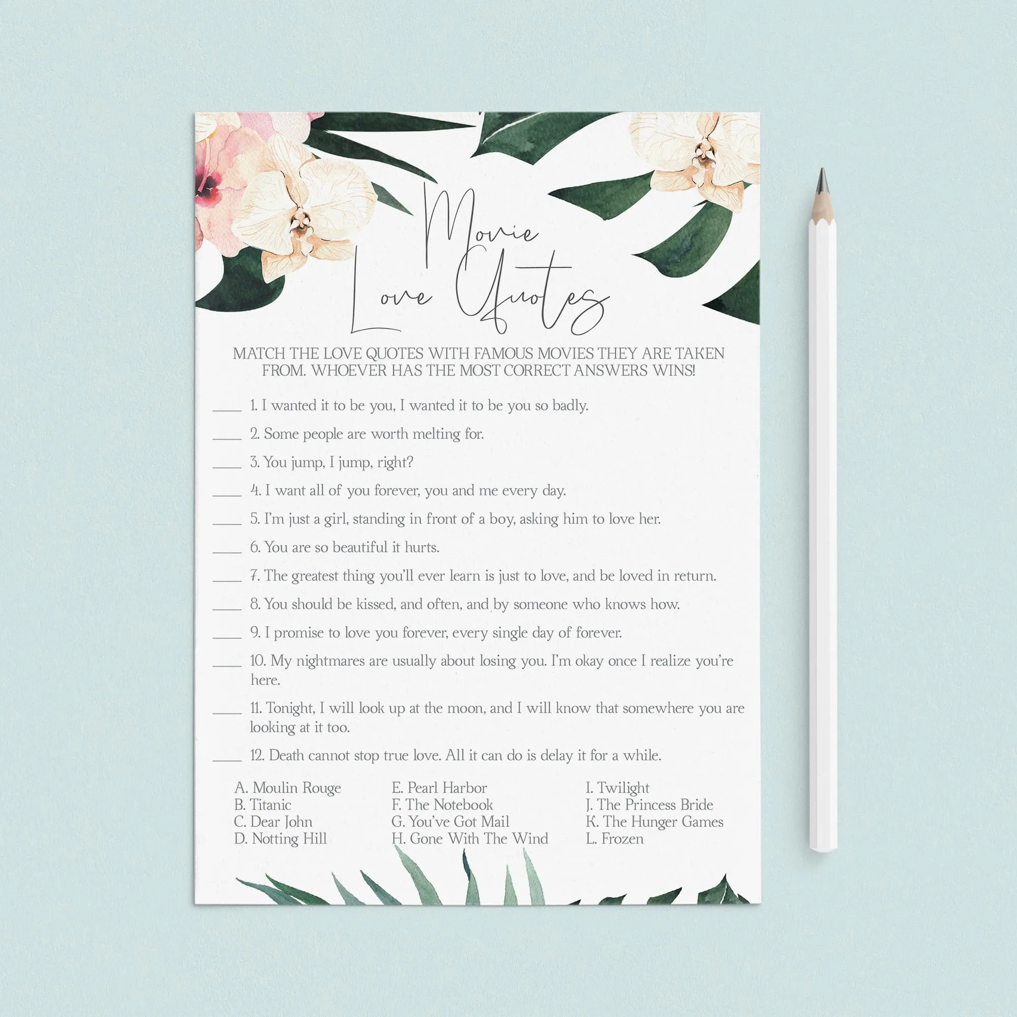 Bridal Shower Romantic Movie Quiz Printable
